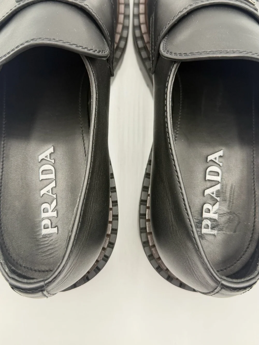 NIB Prada Triangle Logo Black Leather Double Chocolate Rubber Lug Sole Loafers